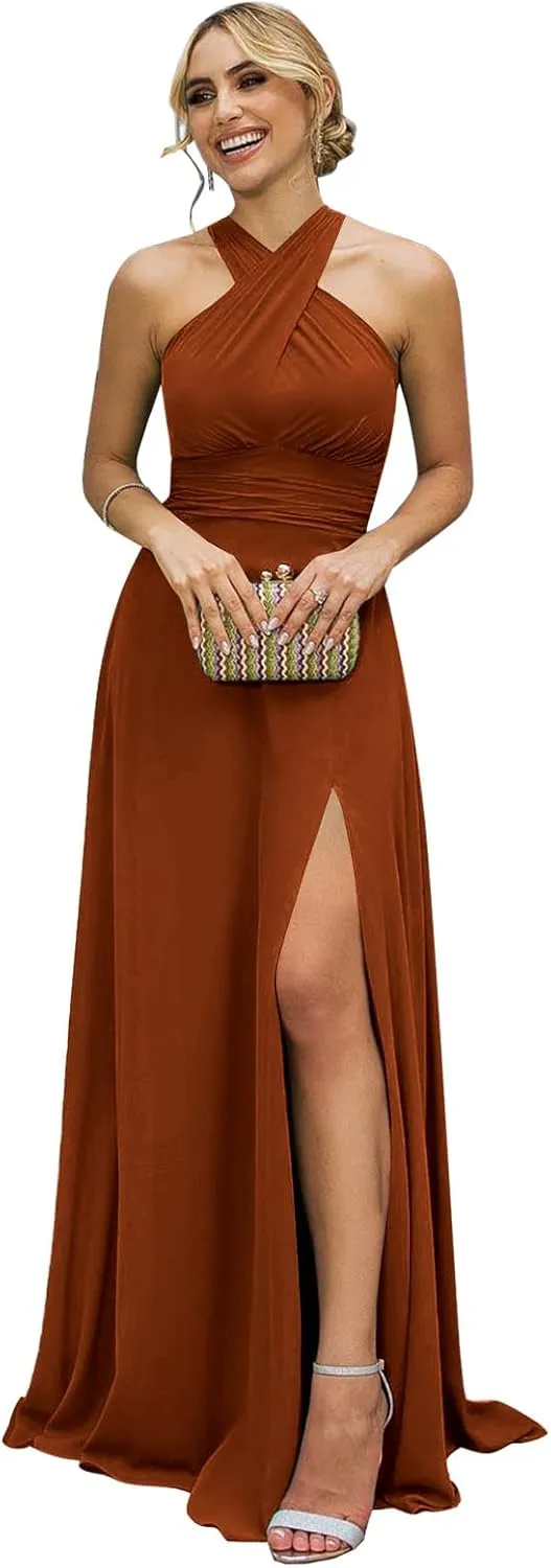 Women's Halter Bridesmaid Dresses Long with Slit Flowy Chiffon A-Line Formal Evening Dress for Party