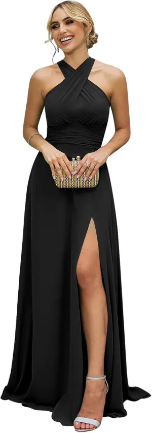 Women's Halter Bridesmaid Dresses Long with Slit Flowy Chiffon A-Line Formal Evening Dress for Party