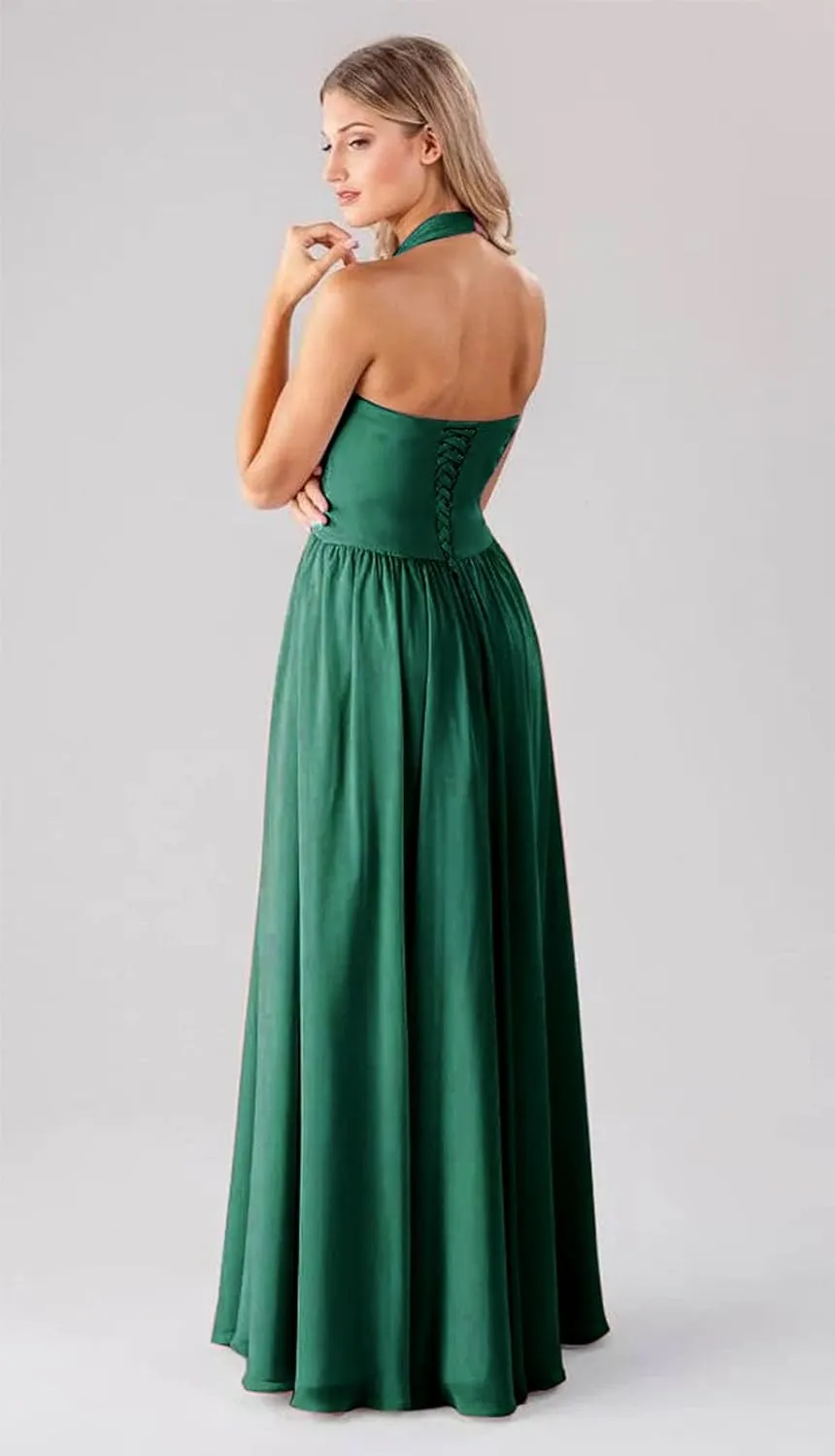 Women's Halter Bridesmaid Dresses Long with Slit Flowy Chiffon A-Line Formal Evening Dress for Party