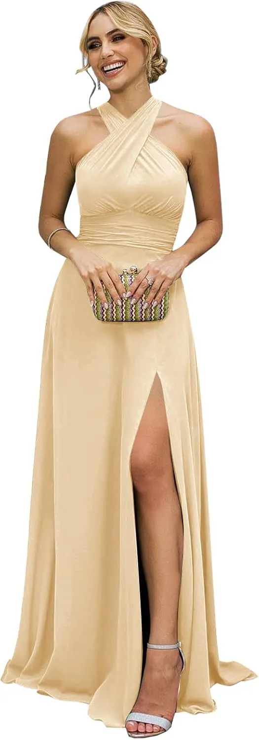 Women's Halter Bridesmaid Dresses Long with Slit Flowy Chiffon A-Line Formal Evening Dress for Party