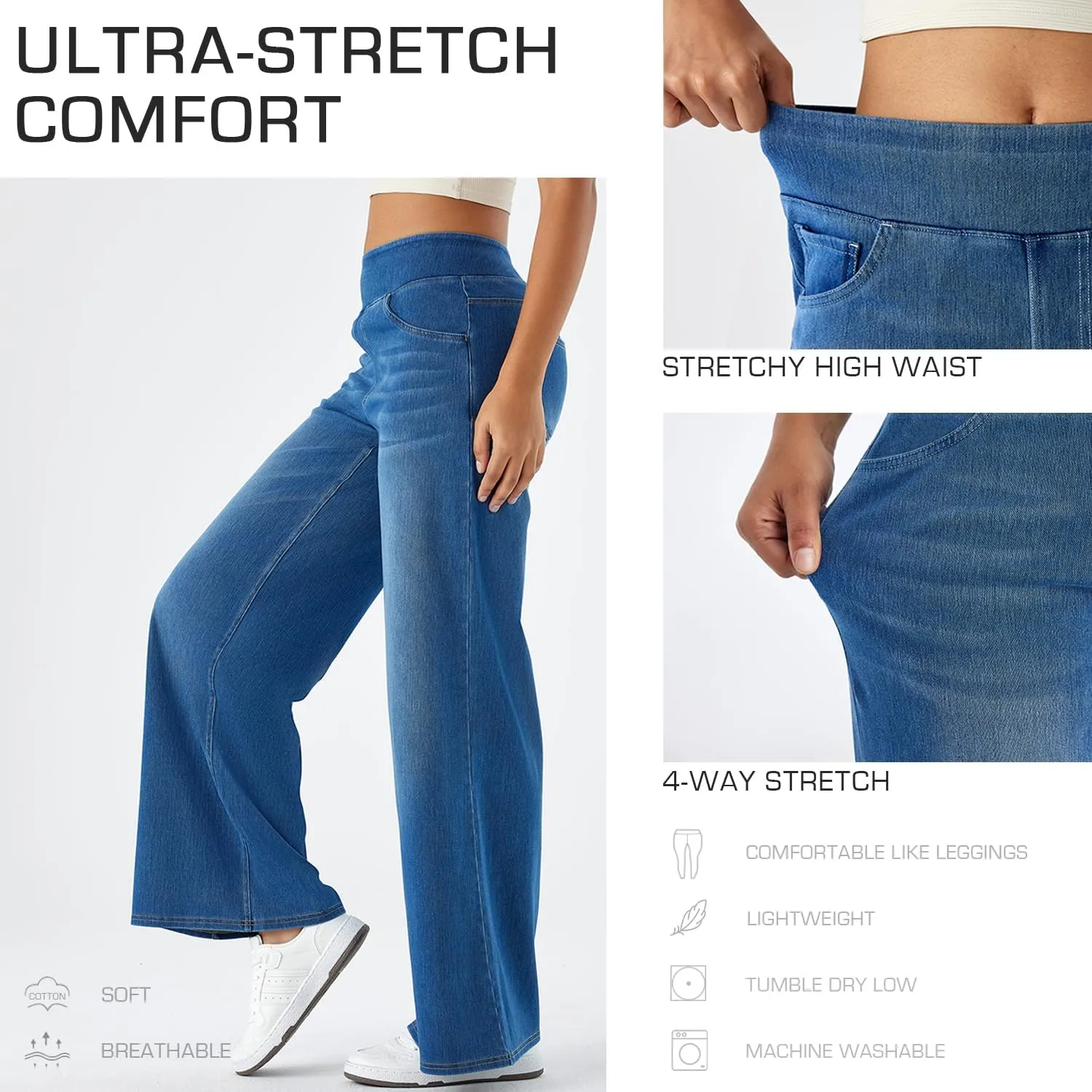Women's High Waisted Wide Leg Jeggings  Stretch Denim Pull On Flare Jeans with Pockets Casual Comfy Pants
