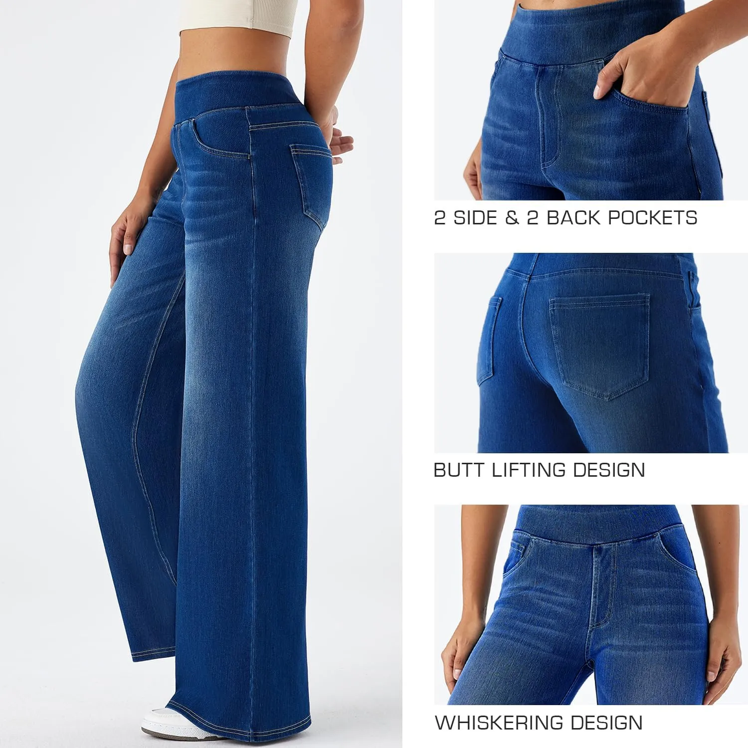 Women's High Waisted Wide Leg Jeggings  Stretch Denim Pull On Flare Jeans with Pockets Casual Comfy Pants