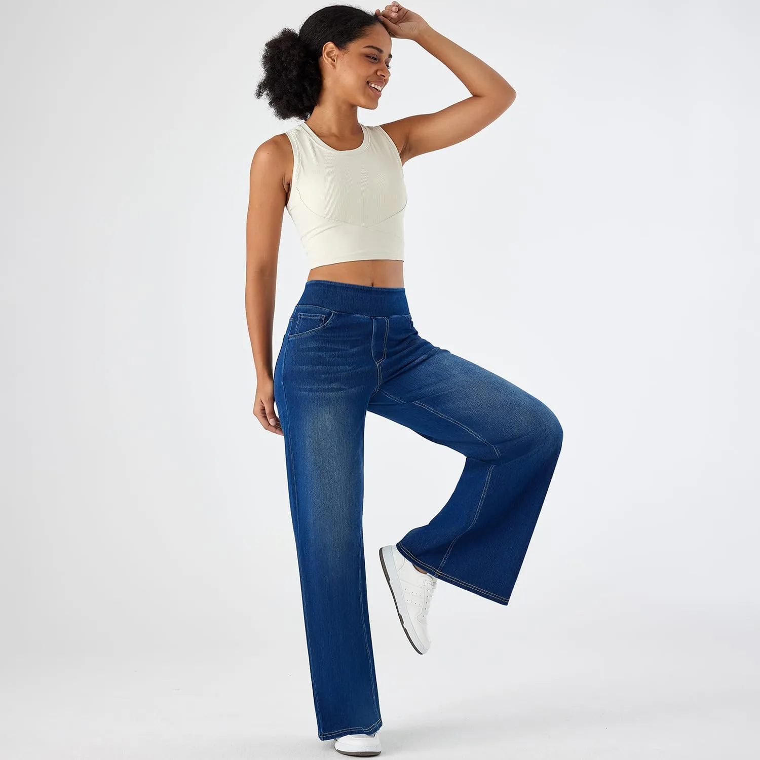 Women's High Waisted Wide Leg Jeggings  Stretch Denim Pull On Flare Jeans with Pockets Casual Comfy Pants