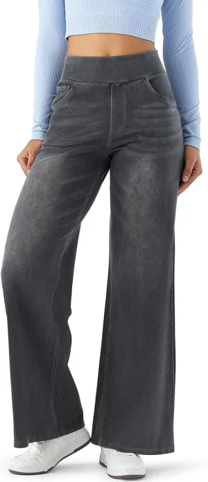 Women's High Waisted Wide Leg Jeggings  Stretch Denim Pull On Flare Jeans with Pockets Casual Comfy Pants
