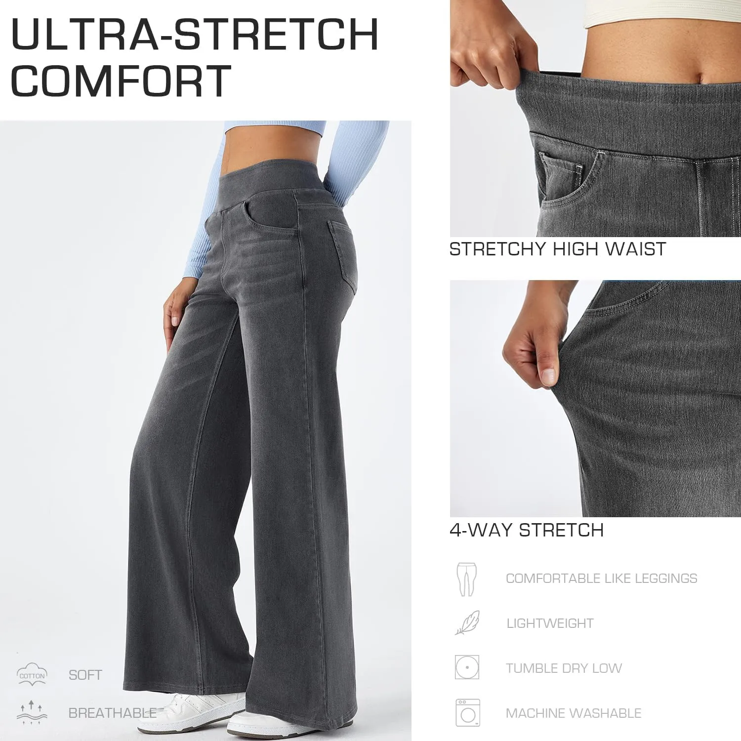 Women's High Waisted Wide Leg Jeggings  Stretch Denim Pull On Flare Jeans with Pockets Casual Comfy Pants