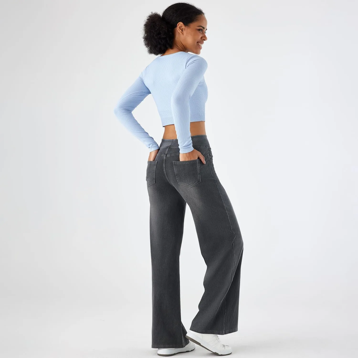 Women's High Waisted Wide Leg Jeggings  Stretch Denim Pull On Flare Jeans with Pockets Casual Comfy Pants
