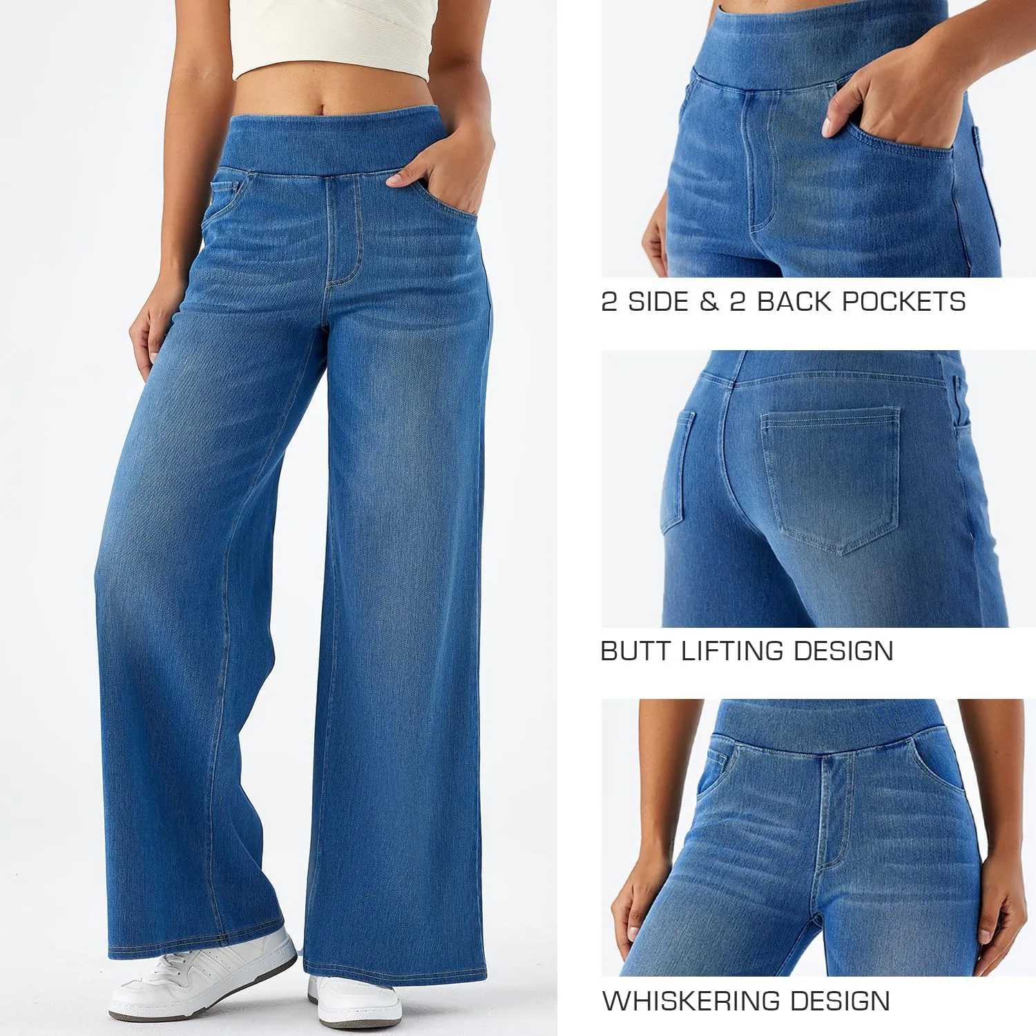Women's High Waisted Wide Leg Jeggings  Stretch Denim Pull On Flare Jeans with Pockets Casual Comfy Pants