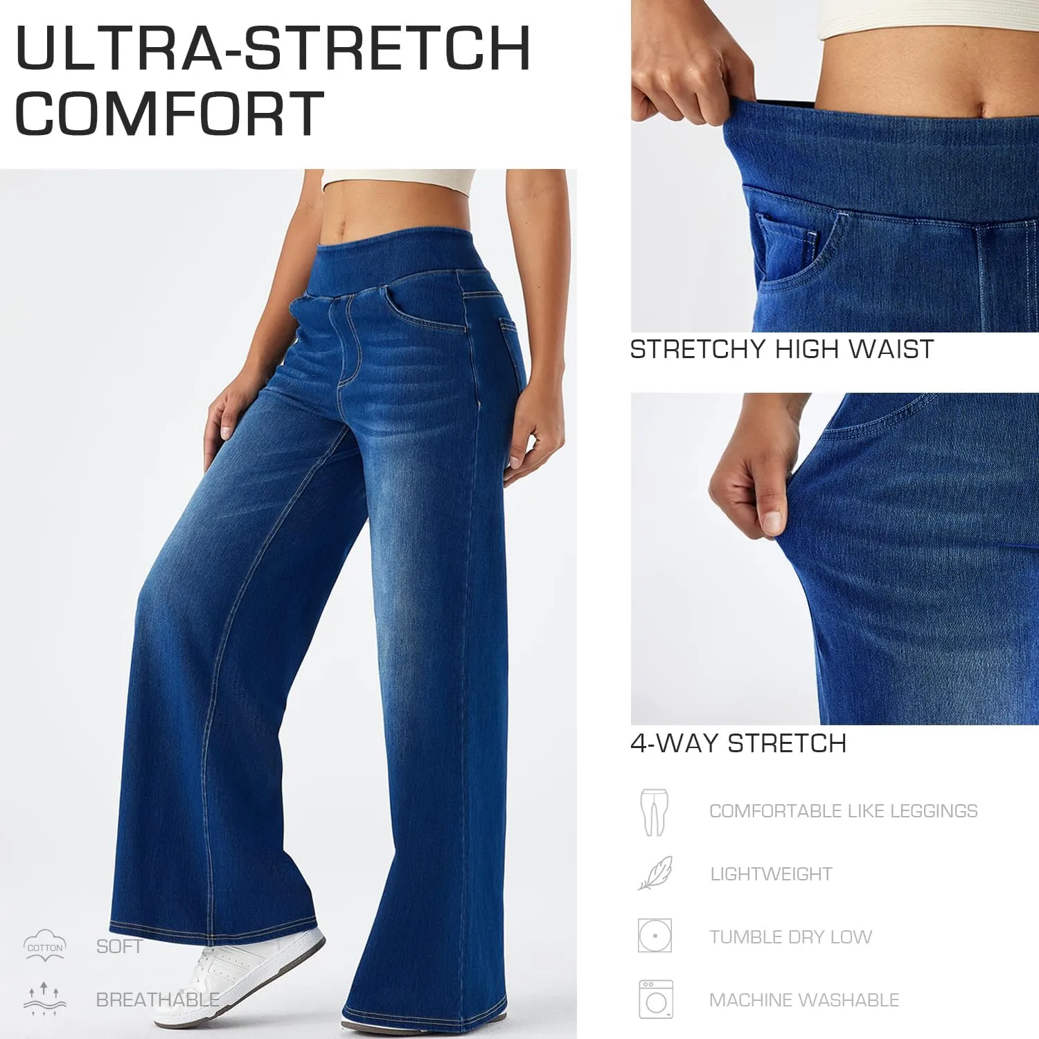 Women's High Waisted Wide Leg Jeggings  Stretch Denim Pull On Flare Jeans with Pockets Casual Comfy Pants