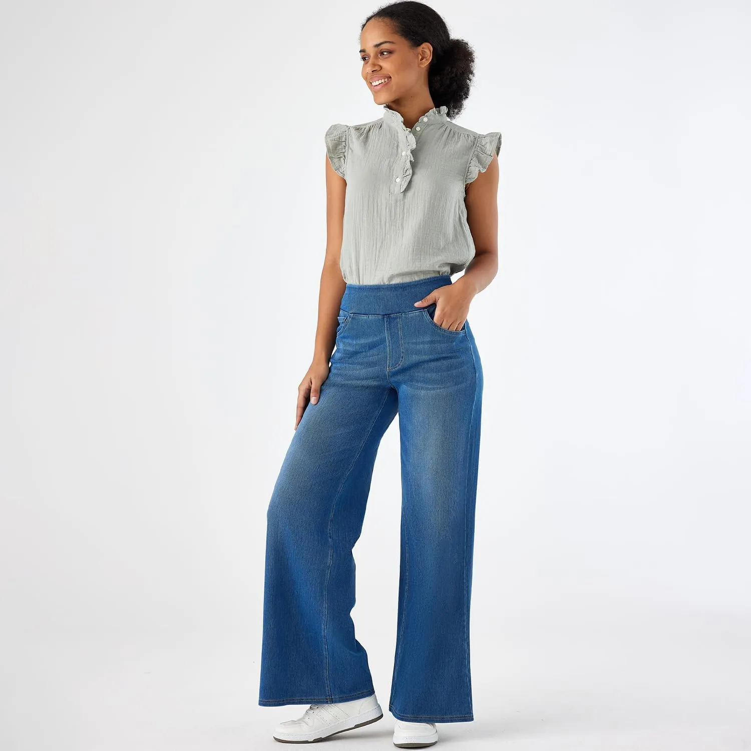 Women's High Waisted Wide Leg Jeggings  Stretch Denim Pull On Flare Jeans with Pockets Casual Comfy Pants