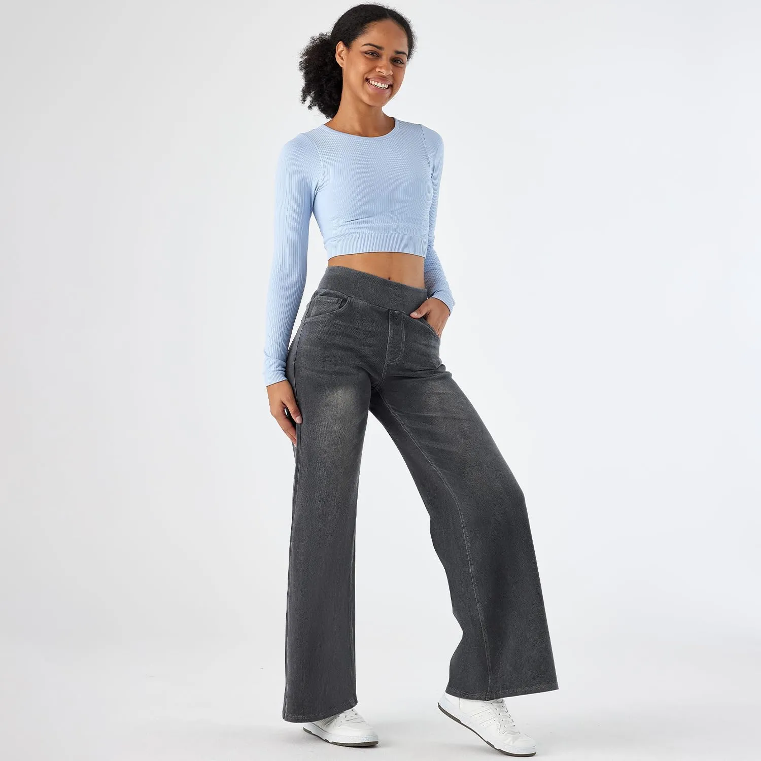 Women's High Waisted Wide Leg Jeggings  Stretch Denim Pull On Flare Jeans with Pockets Casual Comfy Pants