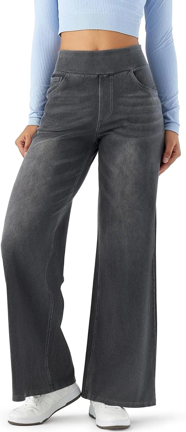 Women's High Waisted Wide Leg Jeggings  Stretch Denim Pull On Flare Jeans with Pockets Casual Comfy Pants