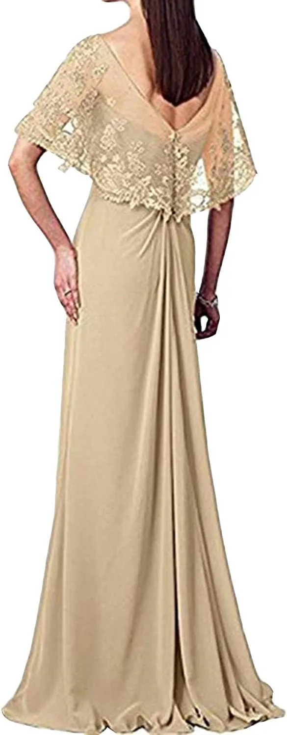 Women's Long Prom Dress Short Sleeve V Neck Chiffon Evening Gown
