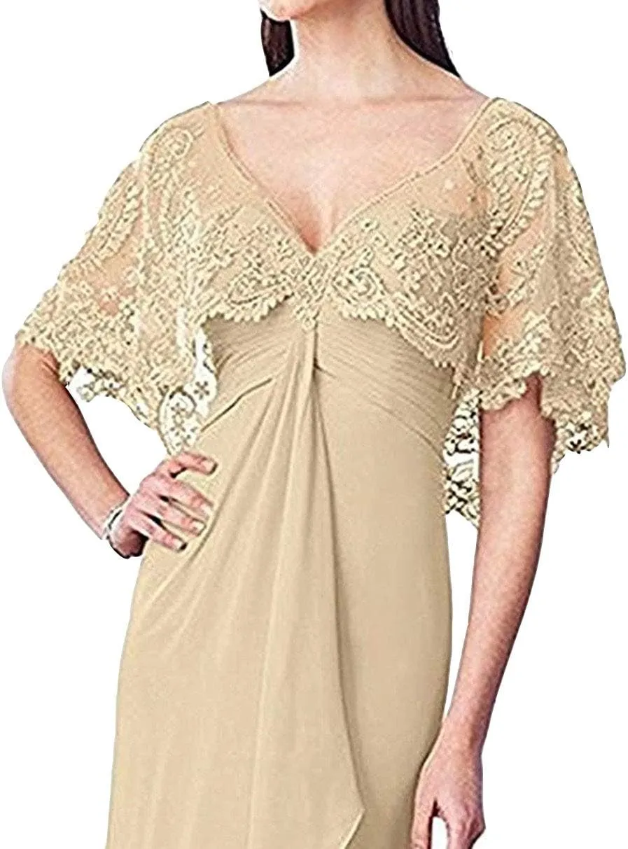 Women's Long Prom Dress Short Sleeve V Neck Chiffon Evening Gown