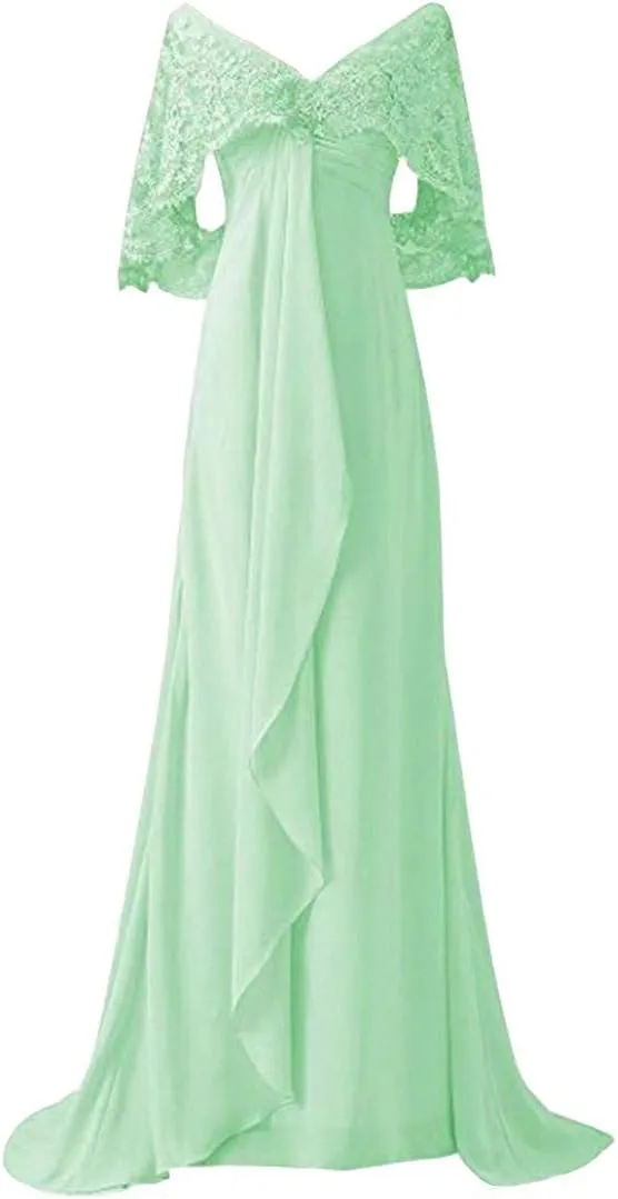 Women's Long Prom Dress Short Sleeve V Neck Chiffon Evening Gown