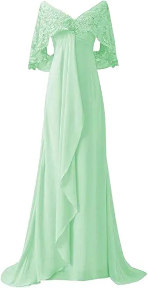 Women's Long Prom Dress Short Sleeve V Neck Chiffon Evening Gown