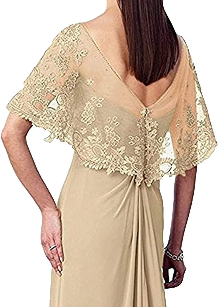 Women's Long Prom Dress Short Sleeve V Neck Chiffon Evening Gown