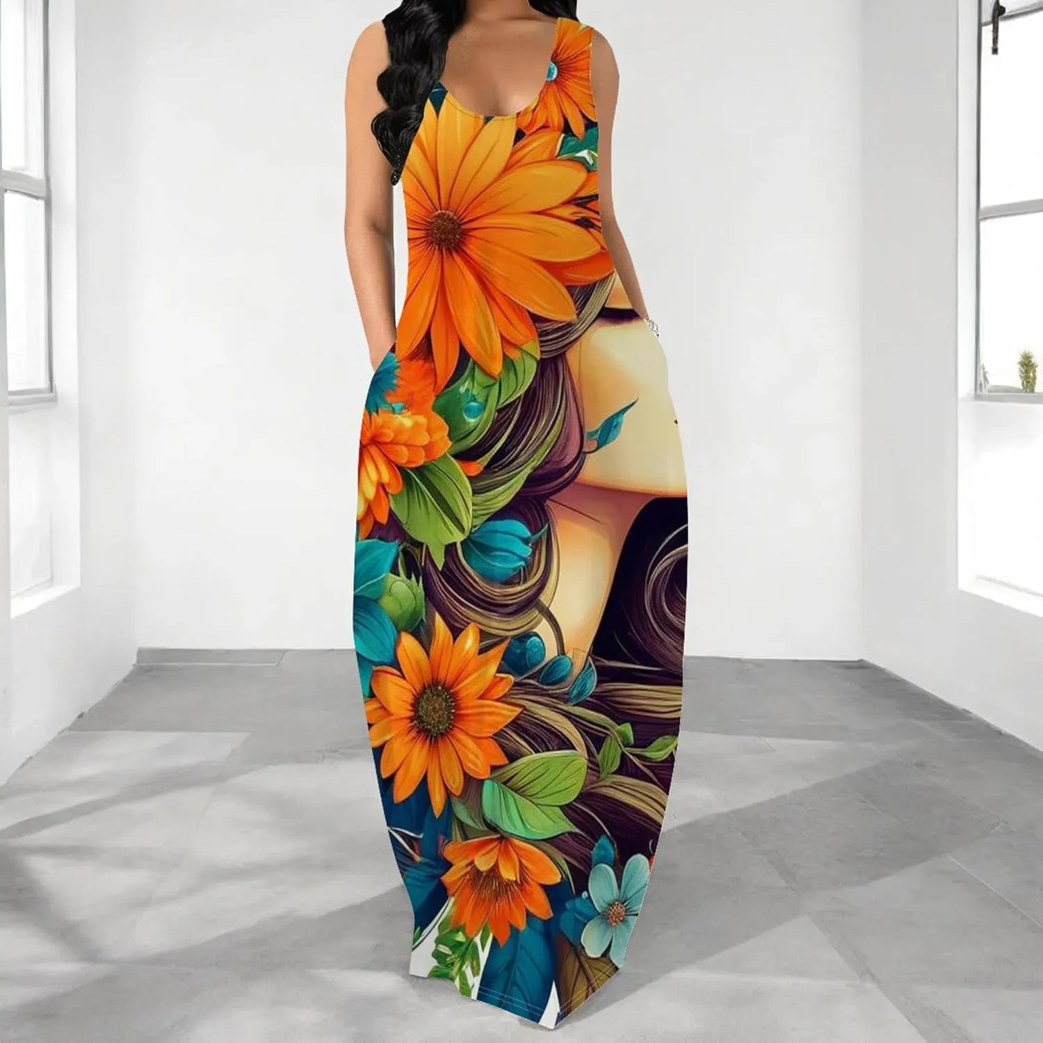 Women's Maxi Dresses Summer Spaghetti Strap Dress with Pockets Loose Flowing Maxi Skirt for Curvy Women