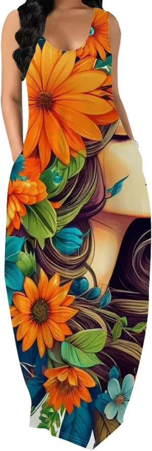 Women's Maxi Dresses Summer Spaghetti Strap Dress with Pockets Loose Flowing Maxi Skirt for Curvy Women