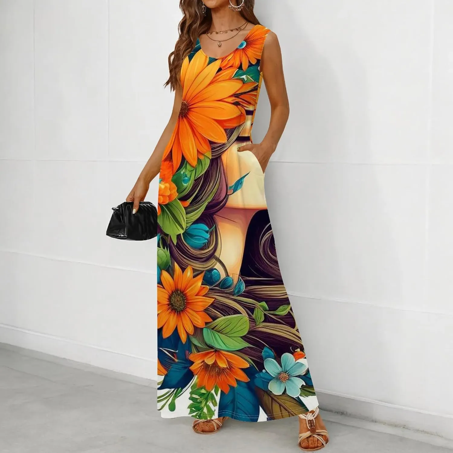 Women's Maxi Dresses Summer Spaghetti Strap Dress with Pockets Loose Flowing Maxi Skirt for Curvy Women