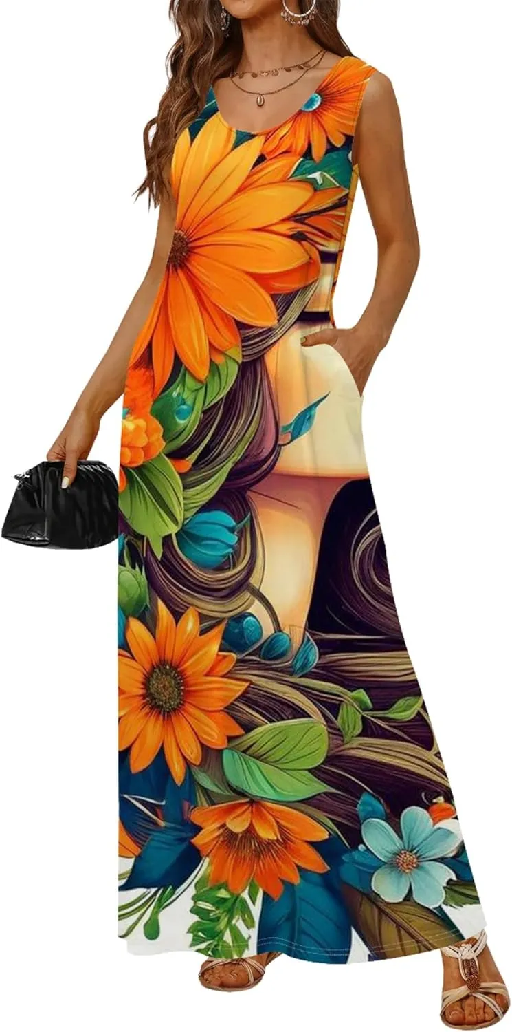 Women's Maxi Dresses Summer Spaghetti Strap Dress with Pockets Loose Flowing Maxi Skirt for Curvy Women