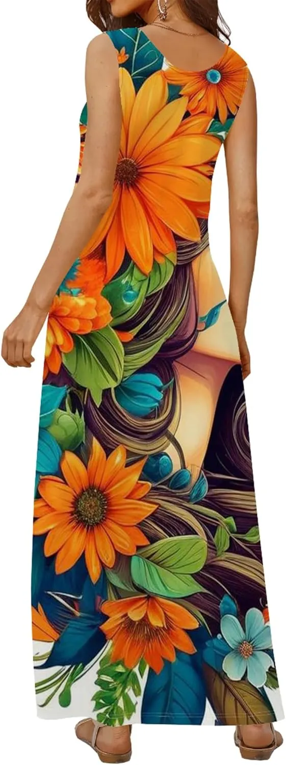 Women's Maxi Dresses Summer Spaghetti Strap Dress with Pockets Loose Flowing Maxi Skirt for Curvy Women