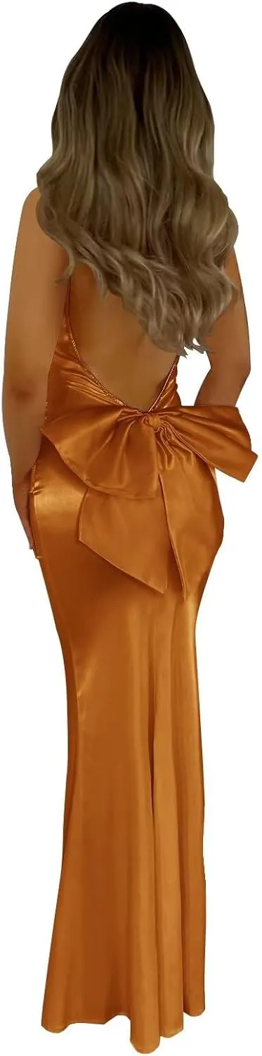Women's Mermaid Satin Formal Dresses with Bow Bodycon Backless Long Prom Evening Gowns 2025