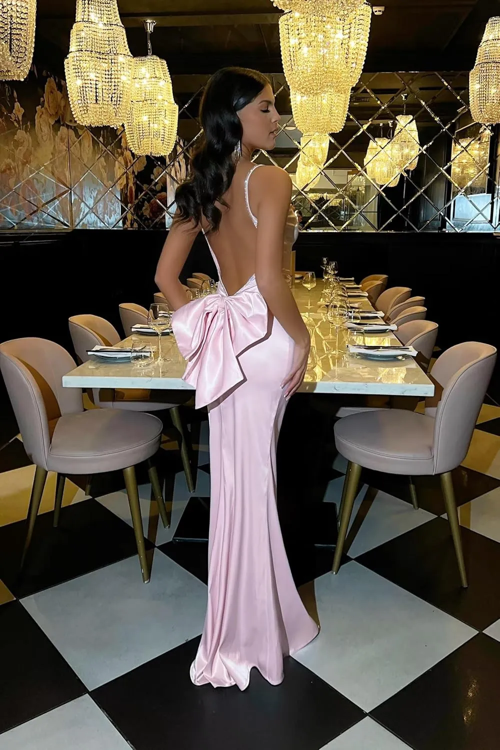 Women's Mermaid Satin Formal Dresses with Bow Bodycon Backless Long Prom Evening Gowns 2025