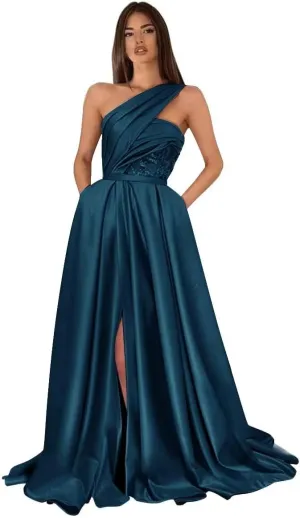 Women's One Shoulder Satin Ball Gown Prom Dresses Long with Slit 2024 Formal Evening Gowns with Pockets
