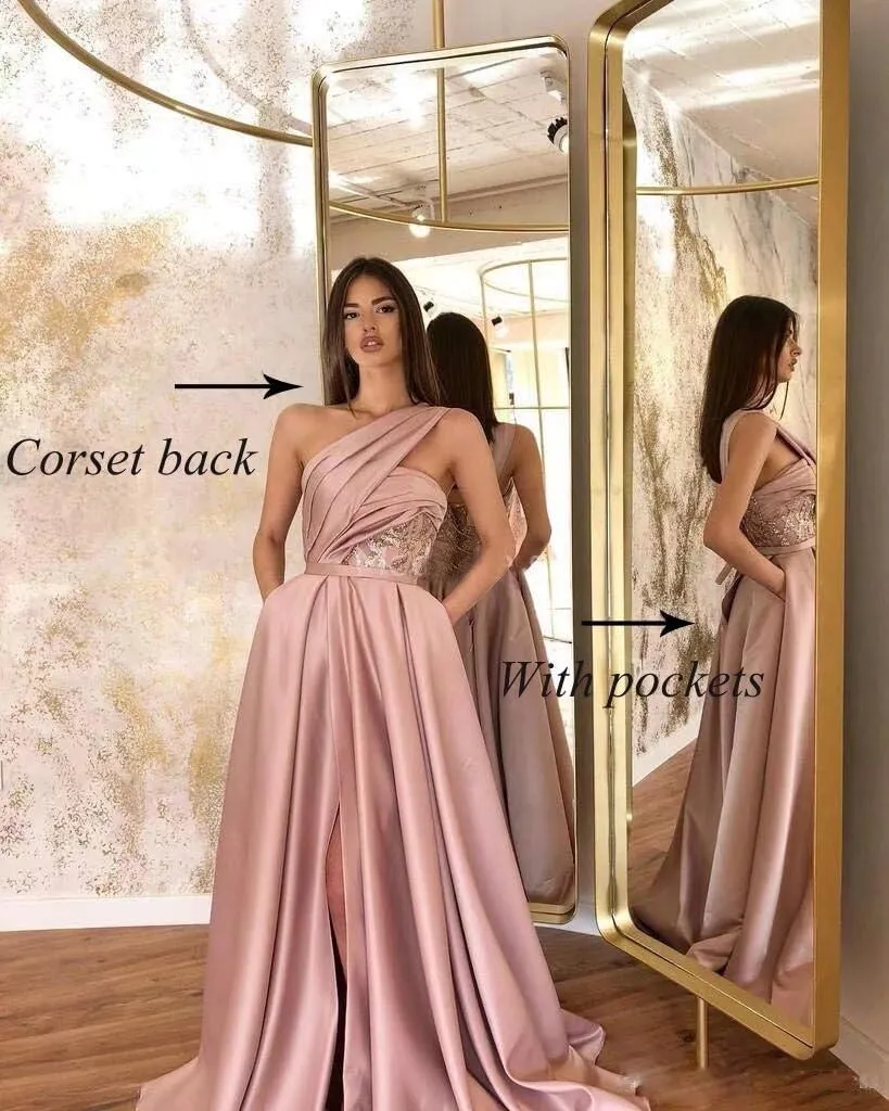 Women's One Shoulder Satin Ball Gown Prom Dresses Long with Slit 2024 Formal Evening Gowns with Pockets