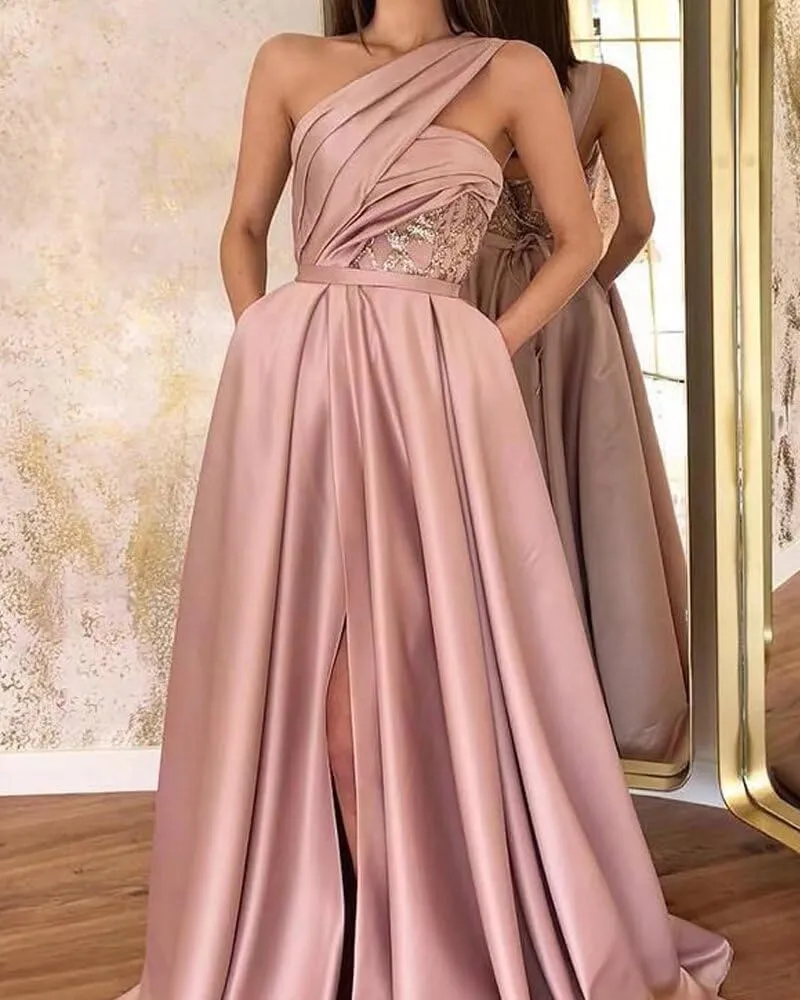 Women's One Shoulder Satin Ball Gown Prom Dresses Long with Slit 2024 Formal Evening Gowns with Pockets