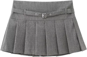 Women's Pleated Shorts Skirts with Belt Mid Waist Side Zipper Fashion Blended Polyester