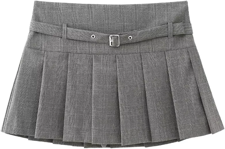 Women's Pleated Shorts Skirts with Belt Mid Waist Side Zipper Fashion Blended Polyester