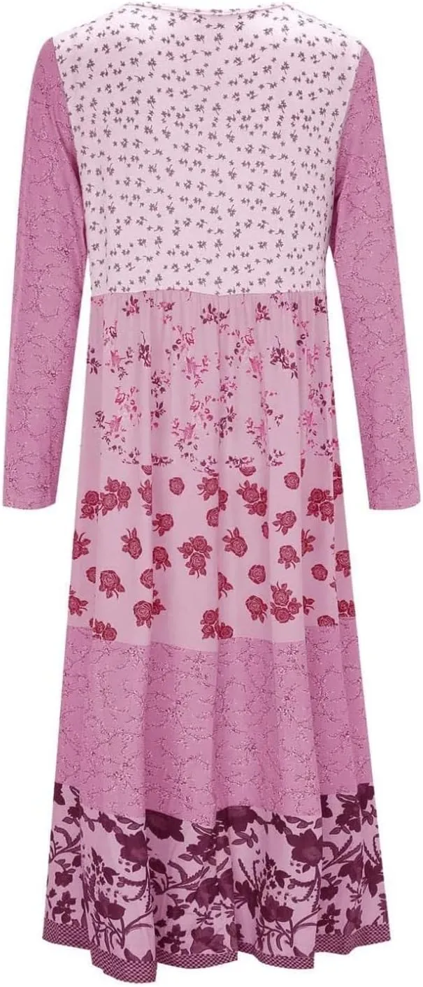 Womens Plus Size Boho Floral Long Sleeve Midi Dress Casual Loose Pleated Crewneck Flowy Bohemian Long Dresses