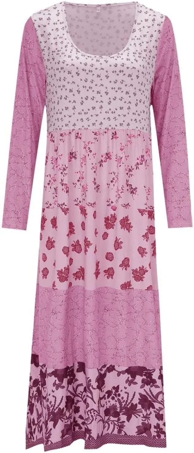 Womens Plus Size Boho Floral Long Sleeve Midi Dress Casual Loose Pleated Crewneck Flowy Bohemian Long Dresses
