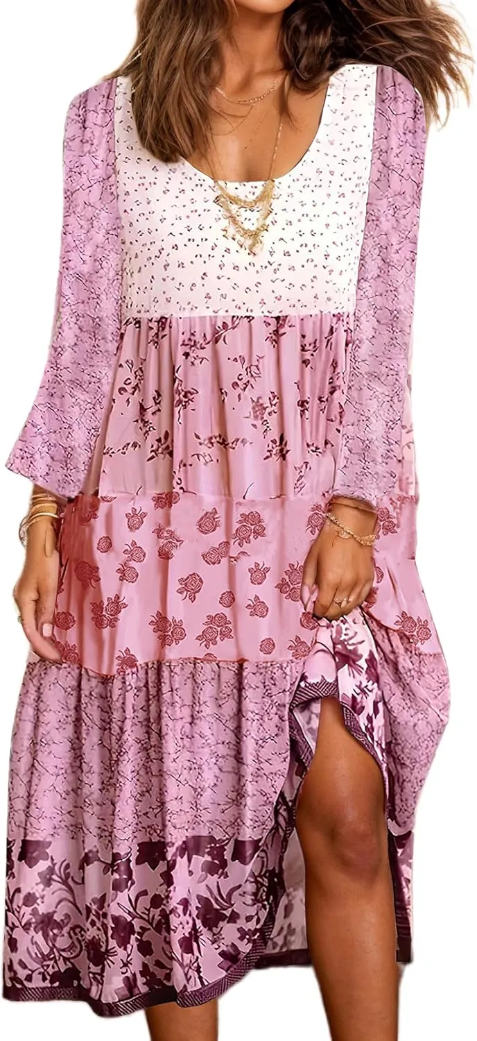Womens Plus Size Boho Floral Long Sleeve Midi Dress Casual Loose Pleated Crewneck Flowy Bohemian Long Dresses