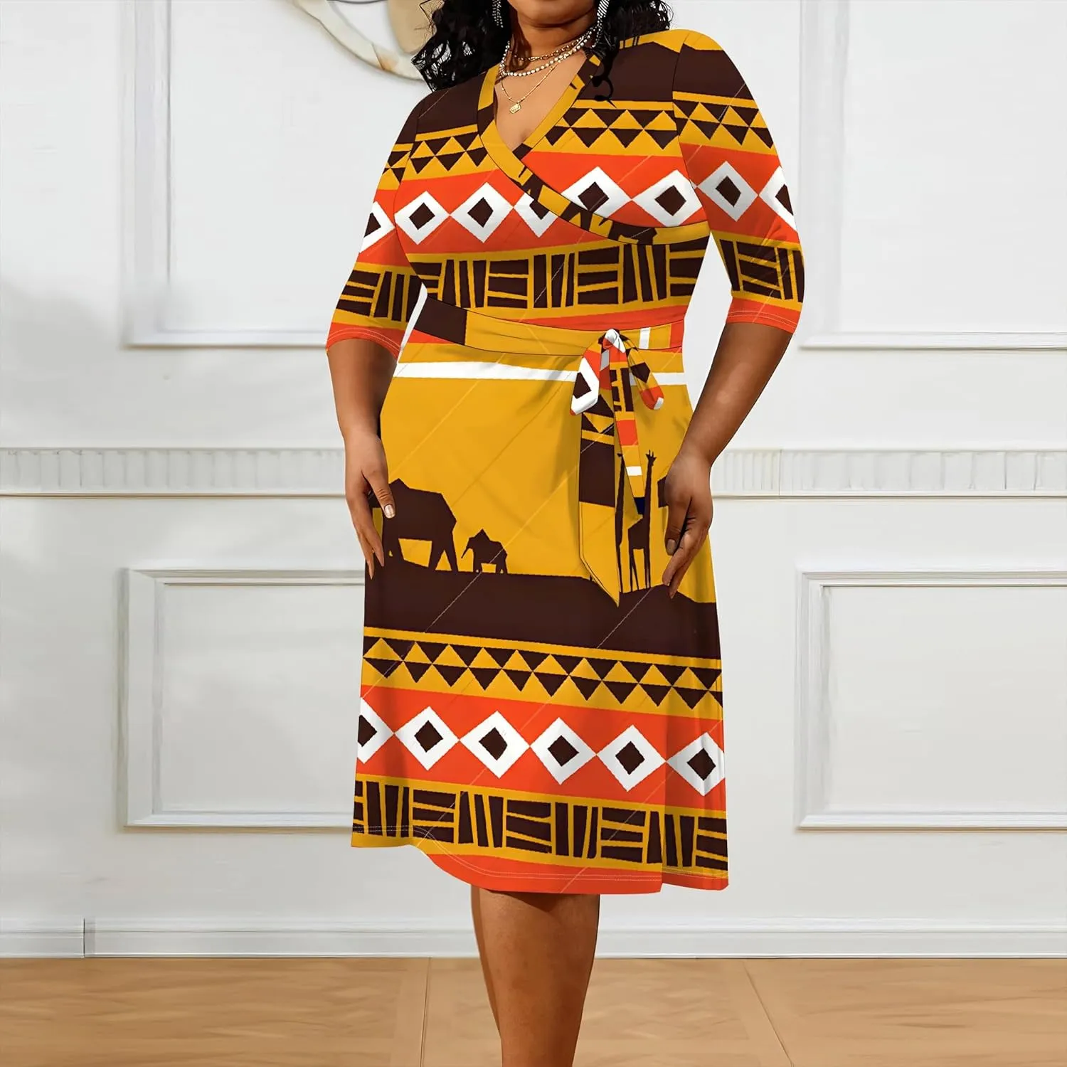 Women's Plus Size Dress 3/4 Sleeves Sexy Deep V Neck African Art Pattern Print Midi Dress with Belt for Curvy Women