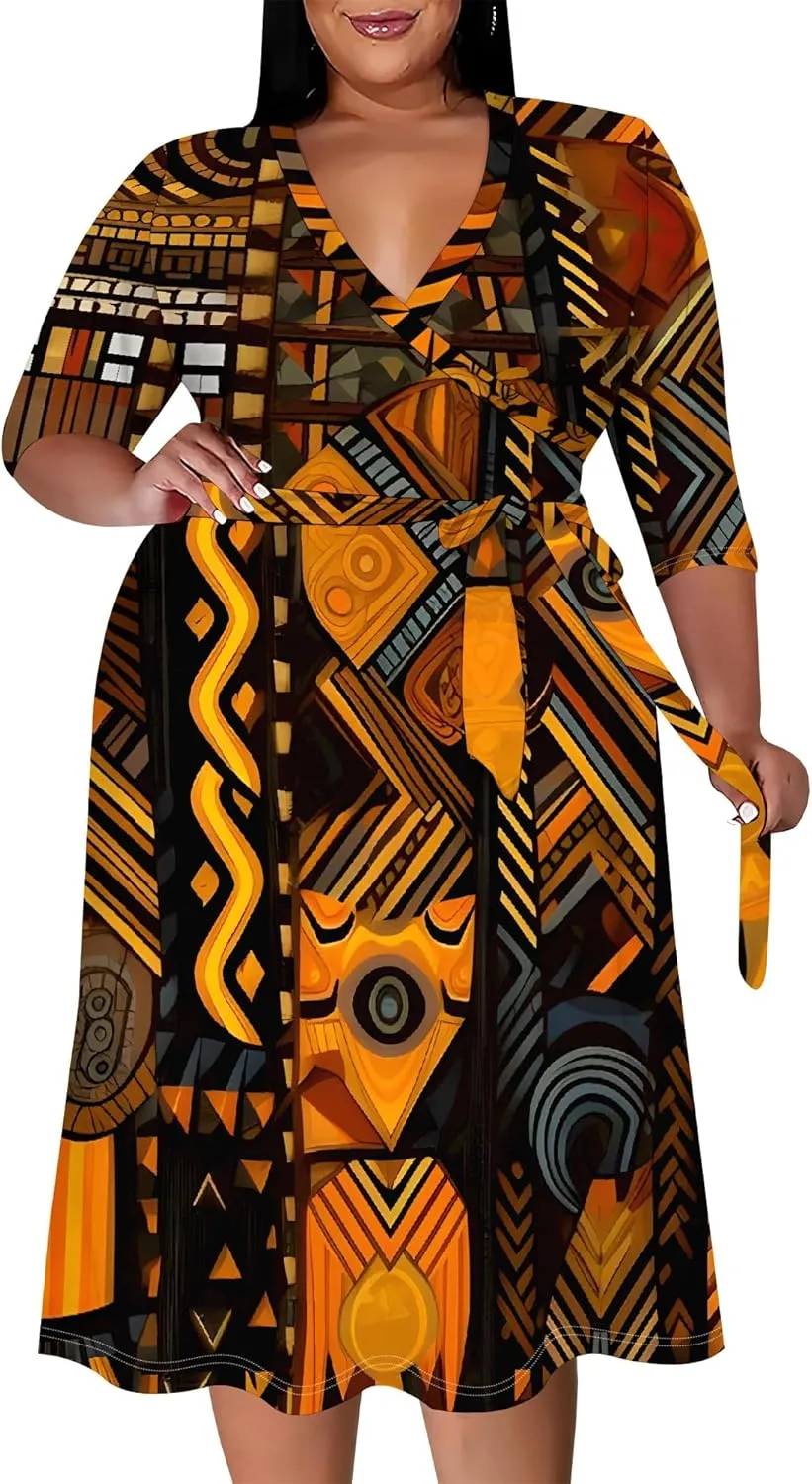 Women's Plus Size Dress 3/4 Sleeves Sexy Deep V Neck African Art Pattern Print Midi Dress with Belt for Curvy Women