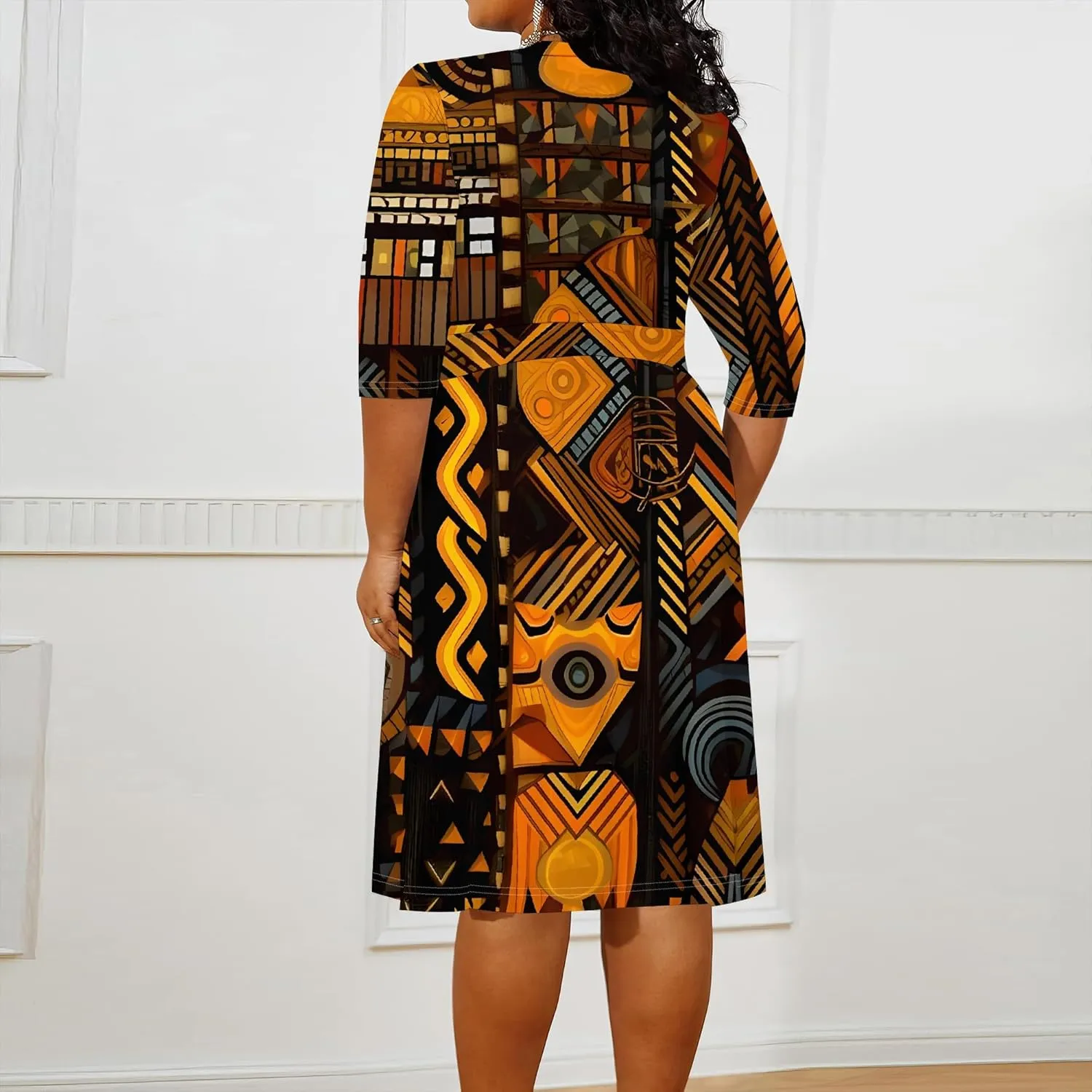 Women's Plus Size Dress 3/4 Sleeves Sexy Deep V Neck African Art Pattern Print Midi Dress with Belt for Curvy Women
