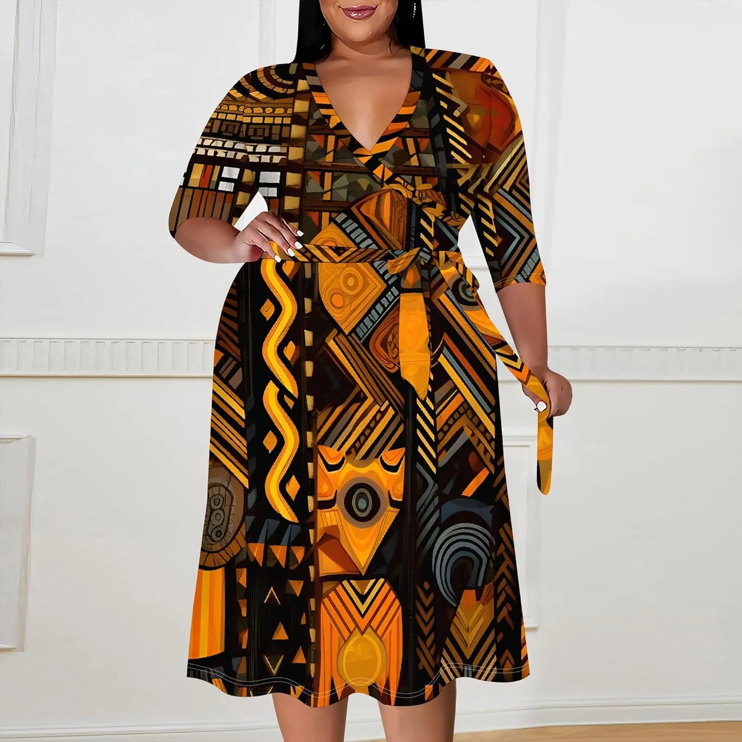 Women's Plus Size Dress 3/4 Sleeves Sexy Deep V Neck African Art Pattern Print Midi Dress with Belt for Curvy Women
