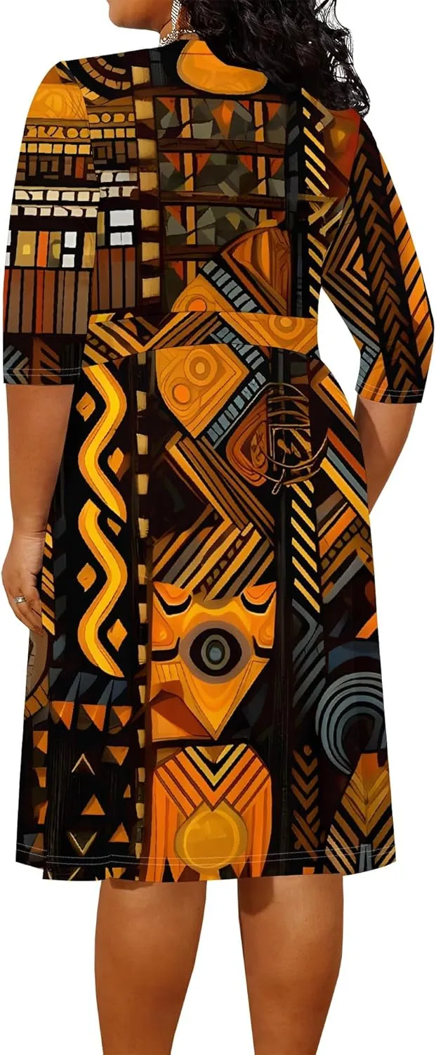 Women's Plus Size Dress 3/4 Sleeves Sexy Deep V Neck African Art Pattern Print Midi Dress with Belt for Curvy Women