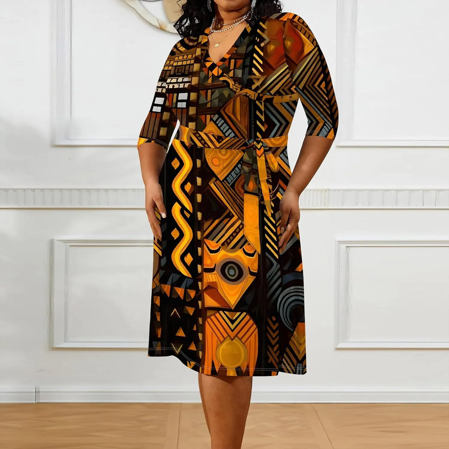 Women's Plus Size Dress 3/4 Sleeves Sexy Deep V Neck African Art Pattern Print Midi Dress with Belt for Curvy Women
