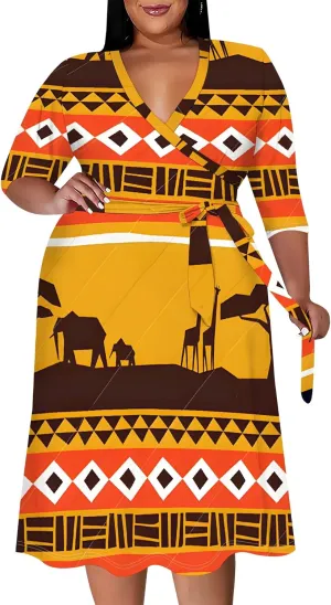 Women's Plus Size Dress 3/4 Sleeves Sexy Deep V Neck African Art Pattern Print Midi Dress with Belt for Curvy Women