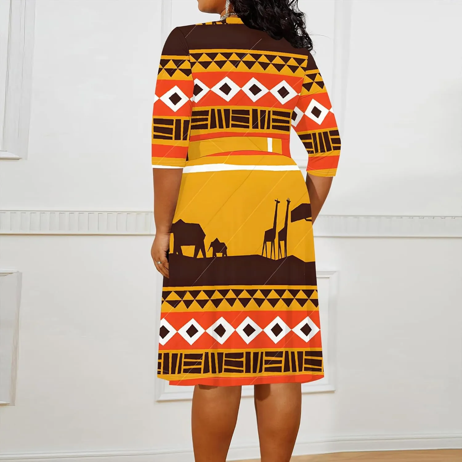Women's Plus Size Dress 3/4 Sleeves Sexy Deep V Neck African Art Pattern Print Midi Dress with Belt for Curvy Women