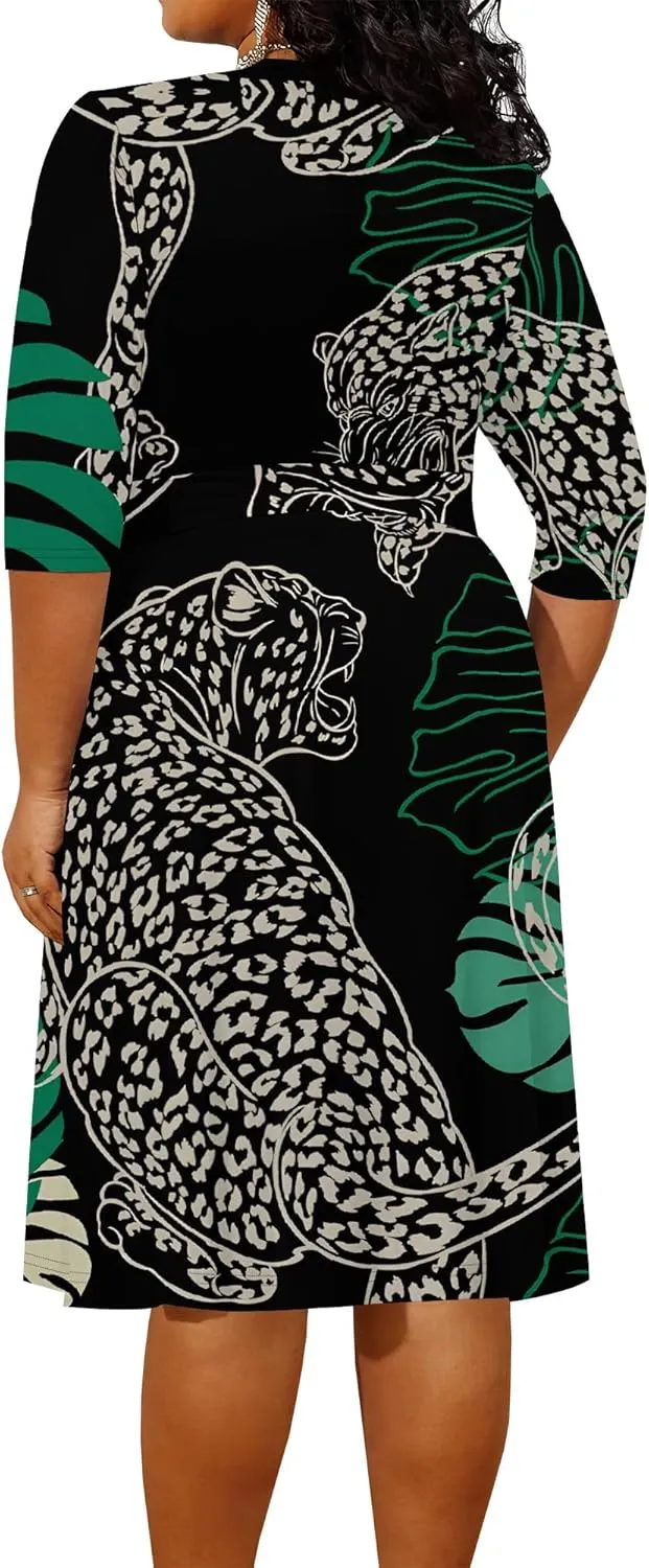 Women's Plus Size Dress 3/4 Sleeves Sexy Deep V Neck African Art Pattern Print Midi Dress with Belt for Curvy Women