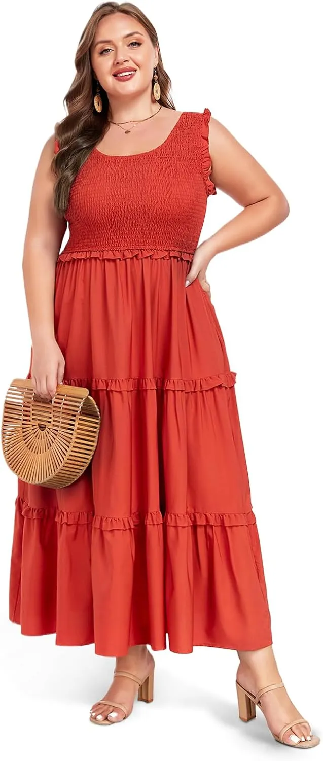 Women's Plus Size Summer Casual Maxi Dress Ruffle Sleeveless Plaid Smocked Tiered Long Dresses with Pockets