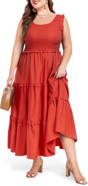 Women's Plus Size Summer Casual Maxi Dress Ruffle Sleeveless Plaid Smocked Tiered Long Dresses with Pockets