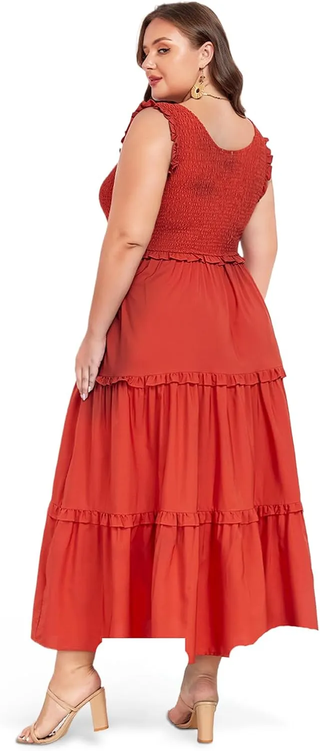 Women's Plus Size Summer Casual Maxi Dress Ruffle Sleeveless Plaid Smocked Tiered Long Dresses with Pockets