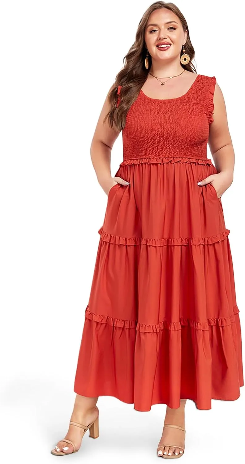 Women's Plus Size Summer Casual Maxi Dress Ruffle Sleeveless Plaid Smocked Tiered Long Dresses with Pockets