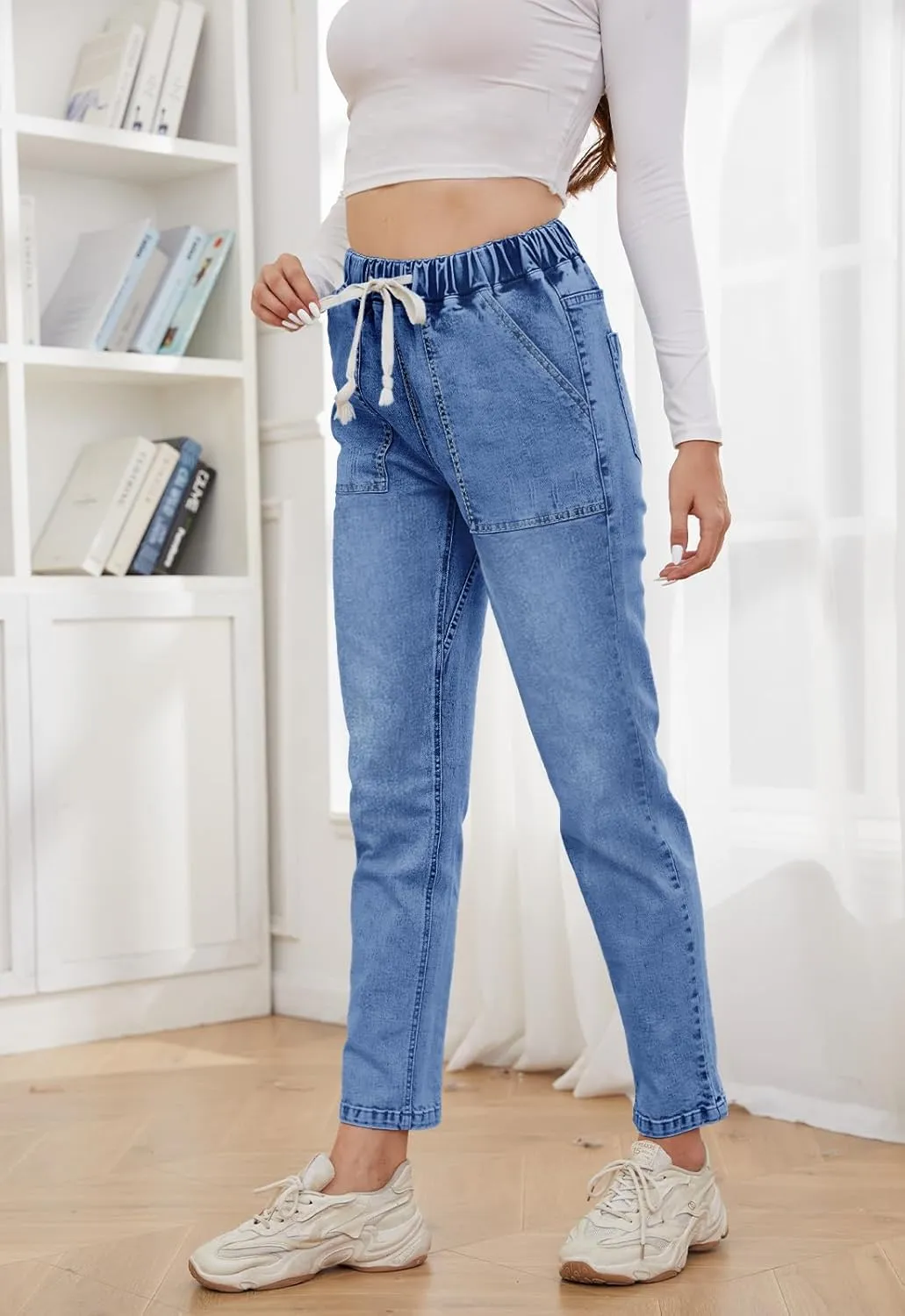 Womens Pull-on Jeans Stretch High Waisted Elastic Waist Jeans for Women Denim Joggers Pants