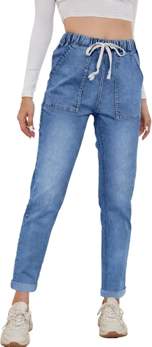 Womens Pull-on Jeans Stretch High Waisted Elastic Waist Jeans for Women Denim Joggers Pants